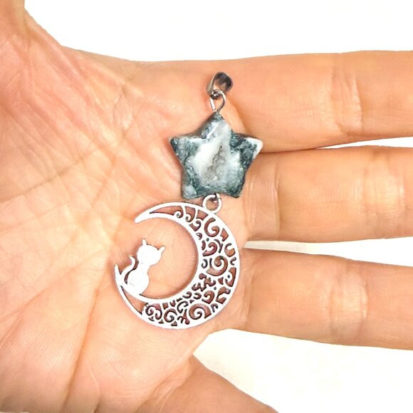 2/$20, Genuine White Green Tree Agate Star & Silver Cat on the Moon Pendant - Picture 11 of 11